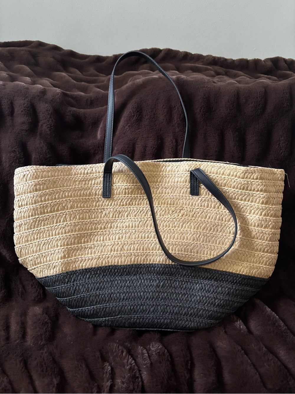 Primark Straw Tote Shoulder Bag with Black Trim